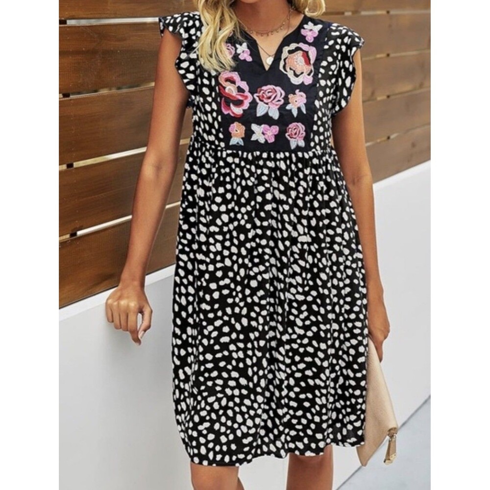KIRUNDO Mini Dress Womens XL V Neck Embroidered Floral Bohemian Lined Babydoll